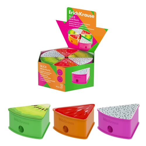 Plastmasas zīmuļu asināmais - ErichKrause Slice, Neon Fruits, ar konteineru, assorti