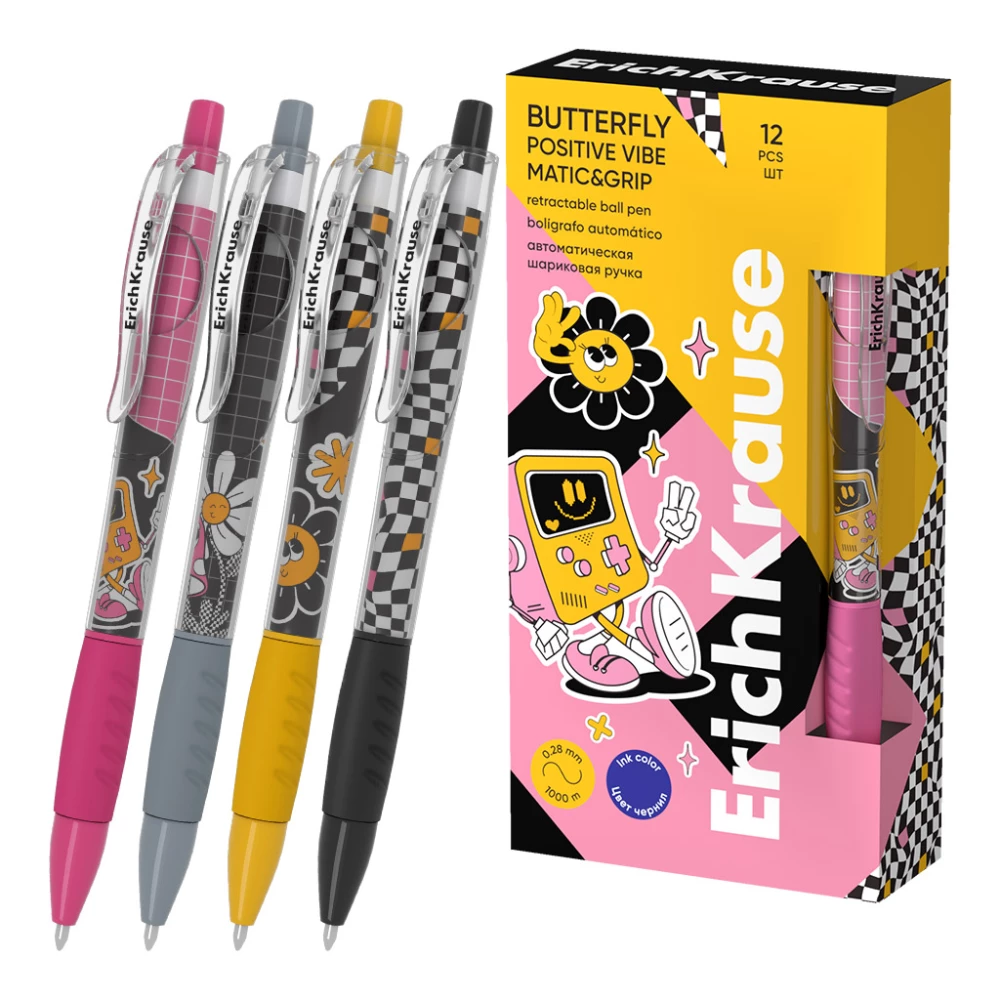 Automātiskā lodīšu pildspalva - Butterfly Matic&Grip Positive Vibe 0.7, Super Glide Tech, tintes krāsa zila, sortimentā
