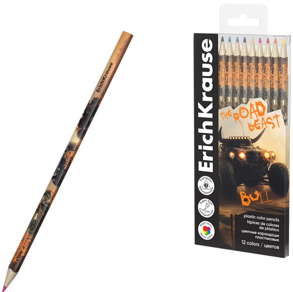 Krāsainie plastmasas zīmuļi - Road Beast trīsstūrveida, 3 mm grafīts, 12 krāsas