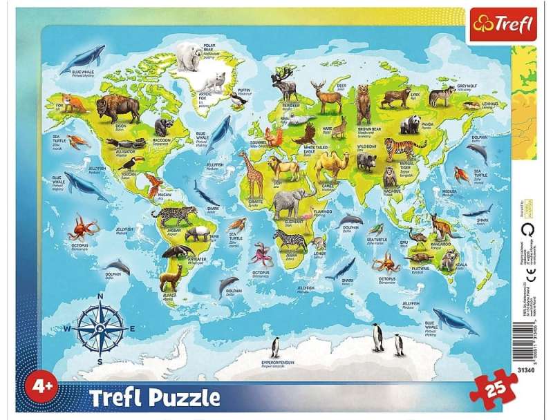 Пазл 25 Trefl: World map with animals
