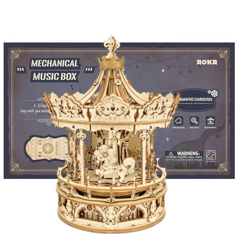 Koka 3D puzle - konstruktors - mūzikas kastīte Robotime Romantic Carousel