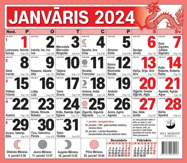 Sienas kalendārs 2024 gada Lielo Ciparu