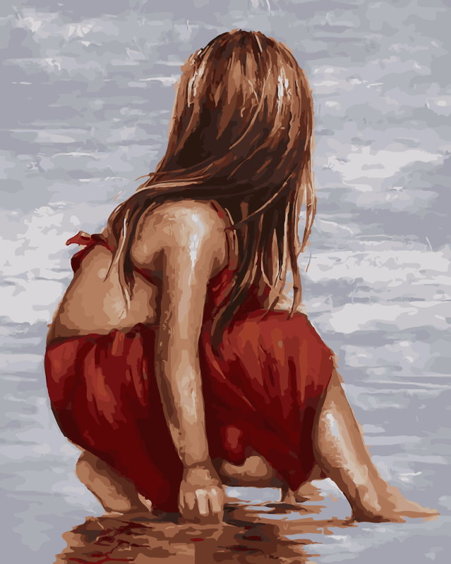 Glezna pēc numuriem  30x40 cm Meitene sarkanā.Pludmale,20 kr., grūtība 4
