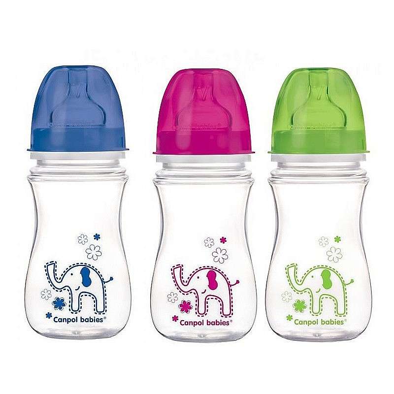 CANPOL BABIES Colourful Animals antikoliku pudelīte ar platu kaklu EasyStart, 240ml 3-6m+ 35/206