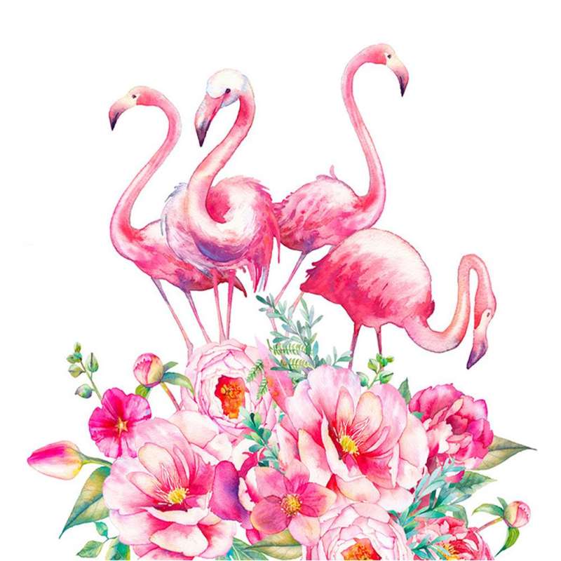 Алмазная мозаика 30х30 см Розовые фламинго в цветах, 19 цв., урв. 3