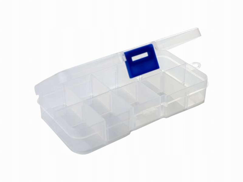 Пластиковая коробка-органайзер с 10 отделениями, 13x6,5x2 см.
