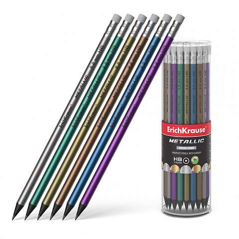 Пластиковый чернографитный круглый карандаш с ластиком ErichKrause® Metallic HB