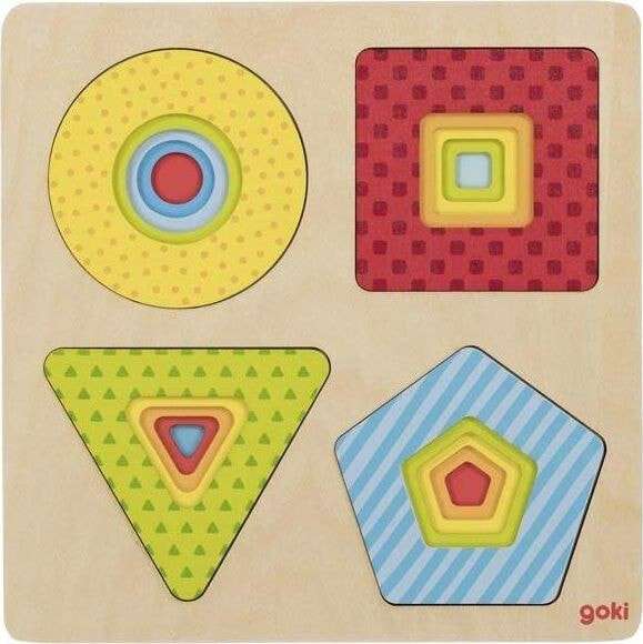 Koka puzle GOKI 5 līmeņos ģeometriskas figūras, 4 modeļi