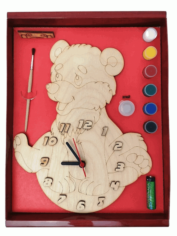 Часы с циферблатом под роспись - Мишка с красками