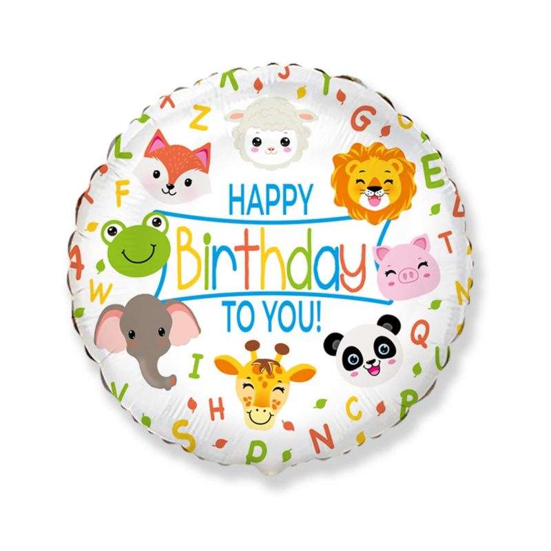 Folijas balons Happy Birthday Animals, iepakots, Fx, 18