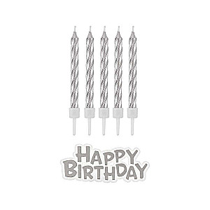 Sveču komplekts ar turētājiem B&C Happy Birthday, sudrabs, 16 gab.