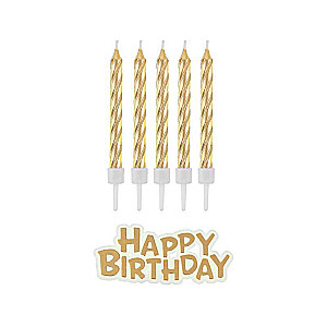 Sveču komplekts ar statīviem B&C Happy Birthday, zelta, 16 gab.