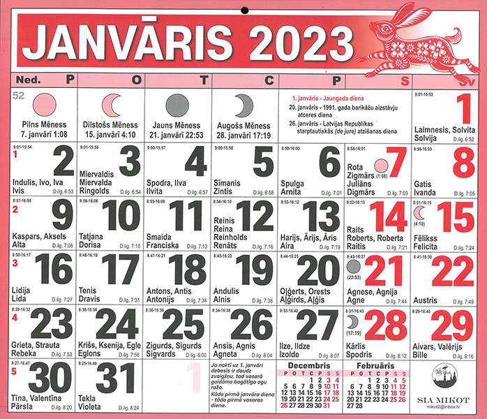 Sienas kalendārs 2023. g. Lielo ciparu kalendārs