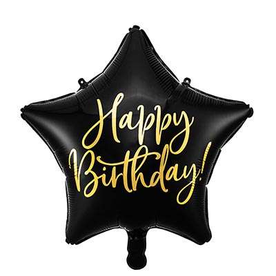 Follija balons zvaigzne Happy Birthday, 40cm melna