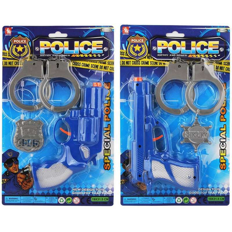 Игрушечный пистолет со значком и наручниками, в блистере