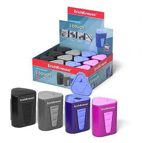 Plastmasas asinātājs ErichKrause® 3-Touch ar konteineru un vāciņu, korpusa krāsa assorti