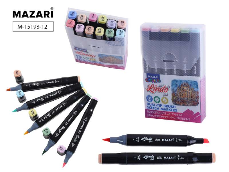 Marķieru komplekts abpusējai skicēšanai LINDO BLACK,12kr., Pastel colors