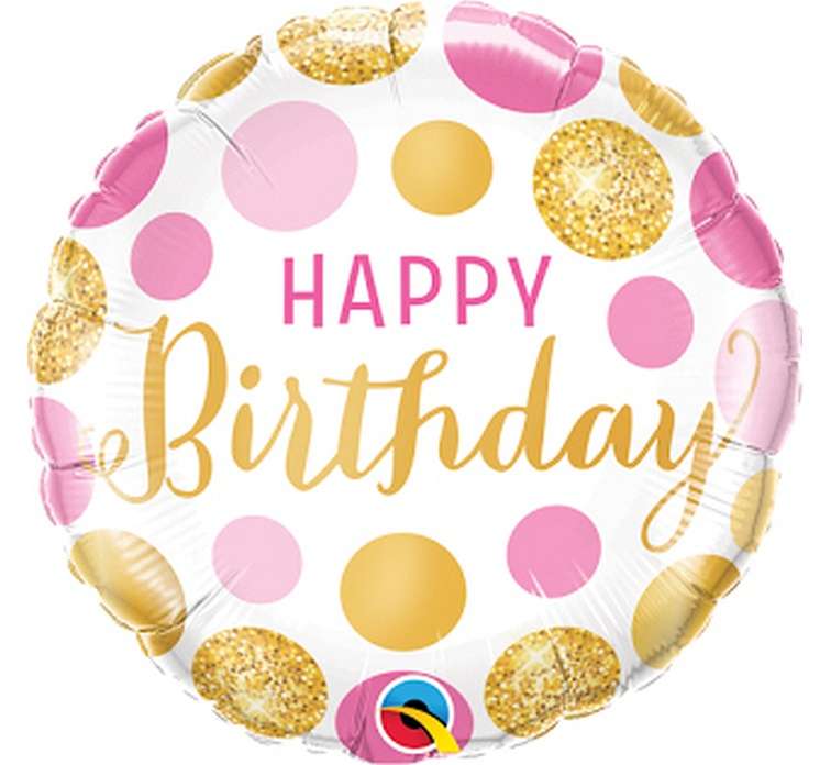 Folijas balons 18/46cm apaļš QL CIR Happy Birthday Pink & Gold Dots