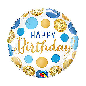 Folijas balons 18 QL CR Happy Birthday Blue & Gold Dots
