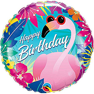 Folijas balons 18/46cm apaļš QL HRT Happy Birthday - Flamingo