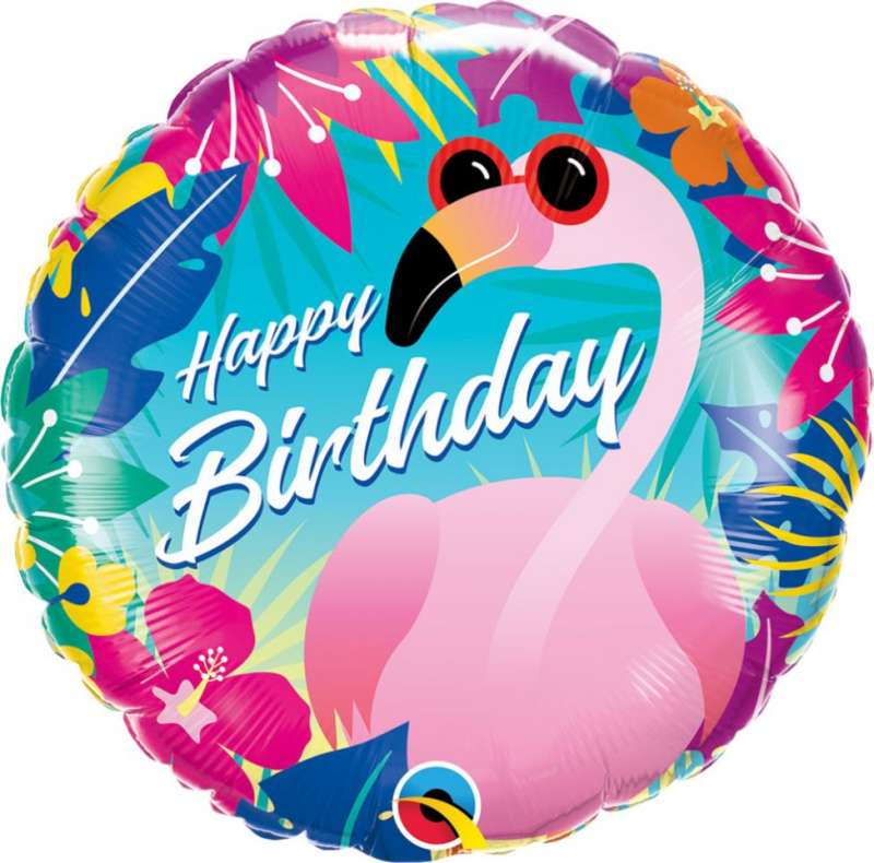 Folijas balons 18/46cm apaļš QL HRT Happy Birthday - Flamingo