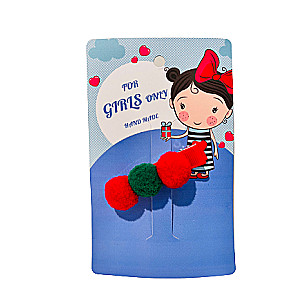 Matu sprādze ar pomponiem, sarkani-zaļa
