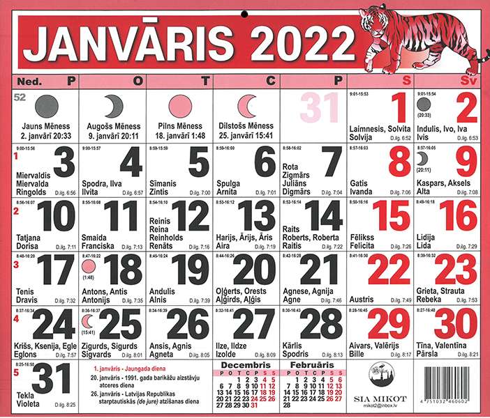  Kalendārs 2022 Lielo ciparu kalendārs (LV)
