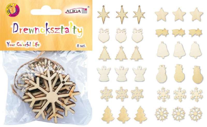 Ziemassvētku dekors - koka rotājumi, maisījums 8 gab.