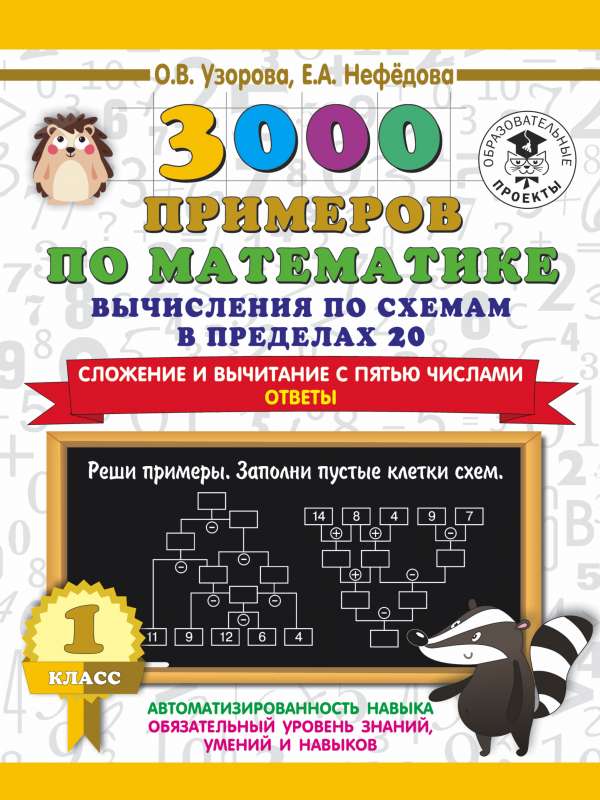 3000 piemēri matemātikā. Aprēķini pēc shēmām līdz 20. Saskaitīšana un atņemšana ar pieciem skaitļiem. Atbildes. 1. klase