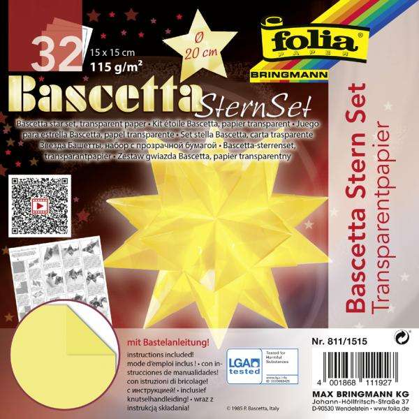 Papīrs daiļradei FOLIA  Bascetta zvaigzne , 20x 20cm/32lpp,dzeltens