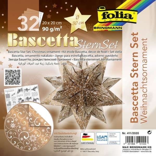 Papīrs daiļradei FOLIA  Bascetta zvaigzne , 20x 20cm/32lpp,balts/Cooper
