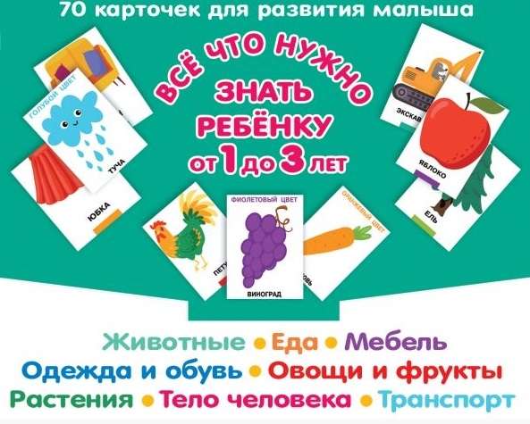 Komplekts kartiņu Viss, kas jāzina bērnam no 1 līdz 3 gadiem. Augi, dzīvnieki, ēdiens, mēbeles, apģērbs un