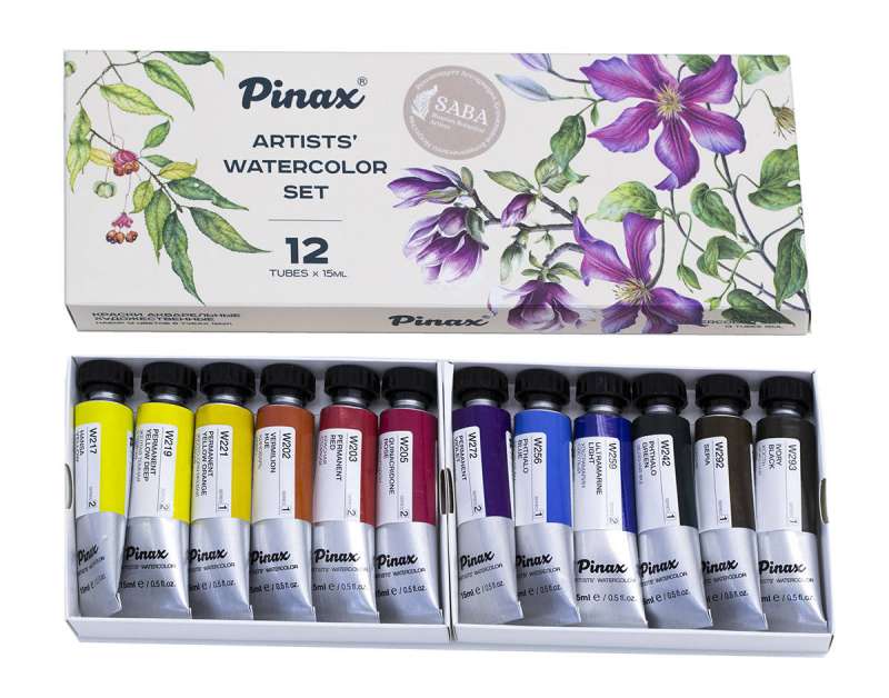 Akvareļu komplekts Pinax + SABA 12 krāsas mēģenēs 15 ml
