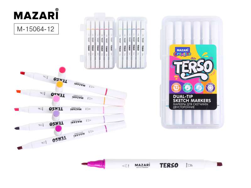 Набор маркеров для скетчинга двусторонних TERSO, 12цв. (Pastel+Flou colors), корпус круглый