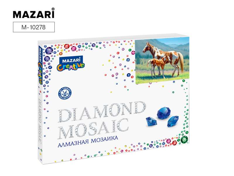 Dimanta mozaīka 40x50 cm (rāmis 52x40.5 cm) ZIRGS UN KUMELE, dažādu izmēru akmentiņi