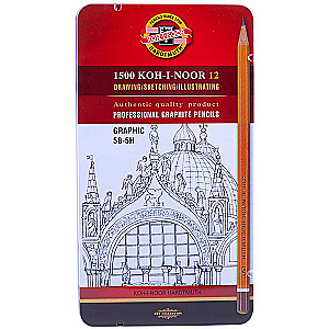 Zīmuli komplekts č/g Koh-I-Noor 1500 Graphic, 12gab., 5B-5H, asināti, metāla kārba