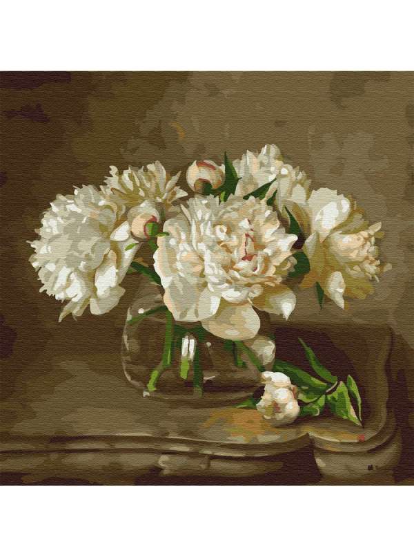 Glezna pēc numuriem (30Х30) Buzins. Baltās peonijas uz galda (20 krāsas)