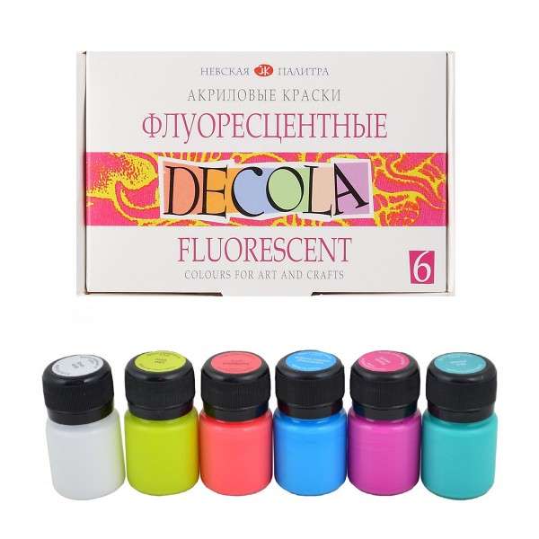 Набор красок акриловых флуоресцентных DECOLA, 6цв. по 20мл