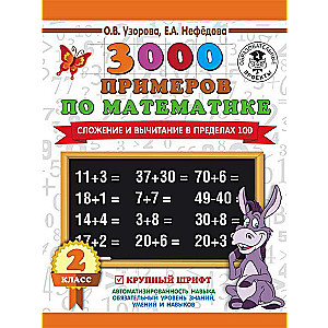 3000 piemēru matemātikā. 2. klase. Saskaitīšana un atņemšana līdz 100. Liels fonts