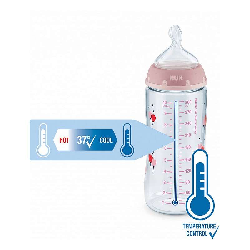 NUK Firs Choice PP pudele ar temperatūras kontroles indikatoru 300ml un lateksa knupīti 0-6m