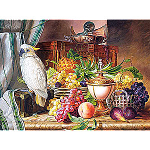Puzle Copy of Still Life With Fruit and a Cockatoo, Josef Schuster 3000 detaļas.