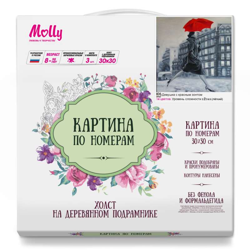 Glezna pēc numuriem 30x30 MEITENE AR SARKANO LIETUSMANTU 14 krāsas