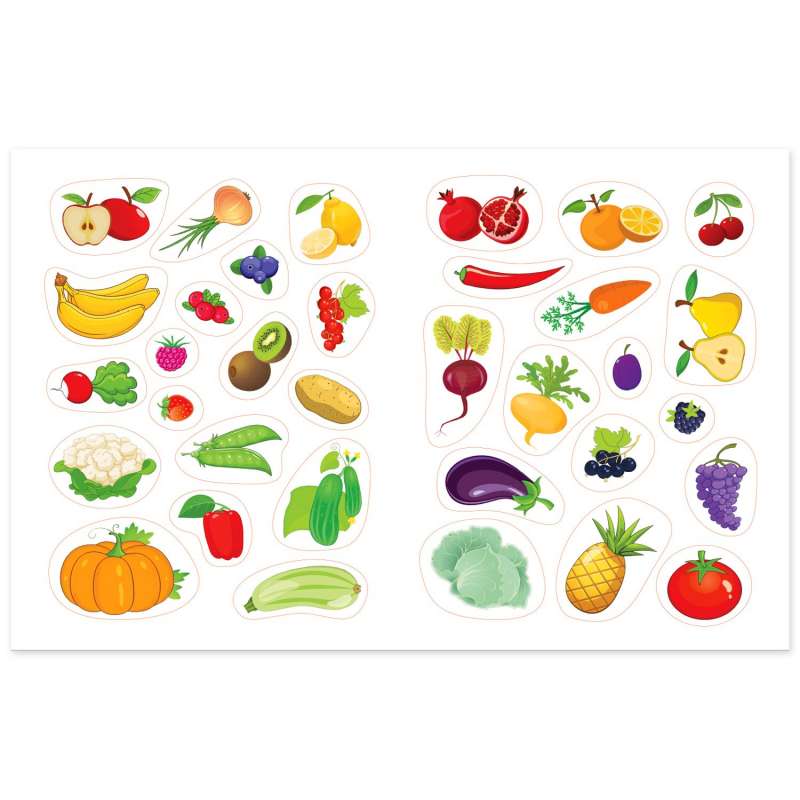 Обучающие многоразовые наклейки. Ягоды, фрукты и овощи