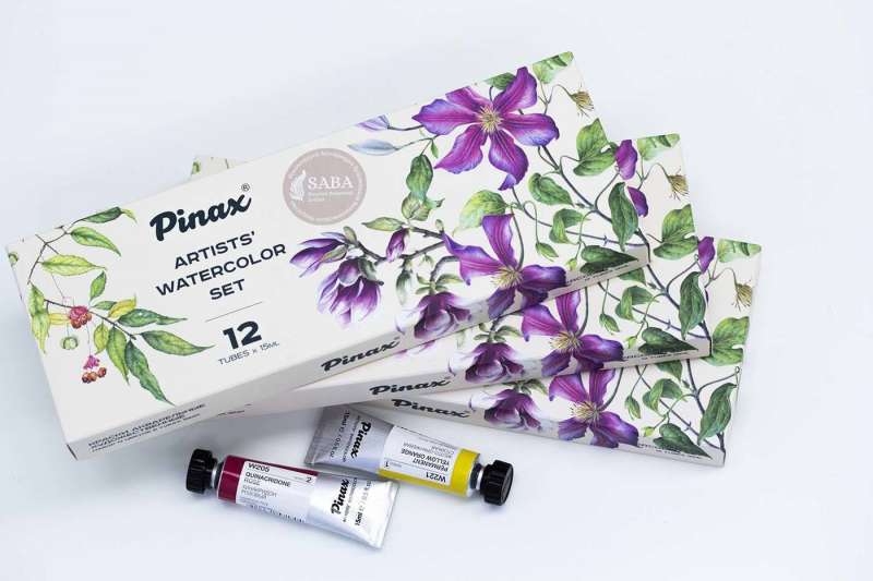Akvareļu komplekts Pinax + SABA 12 krāsas mēģenēs 15 ml