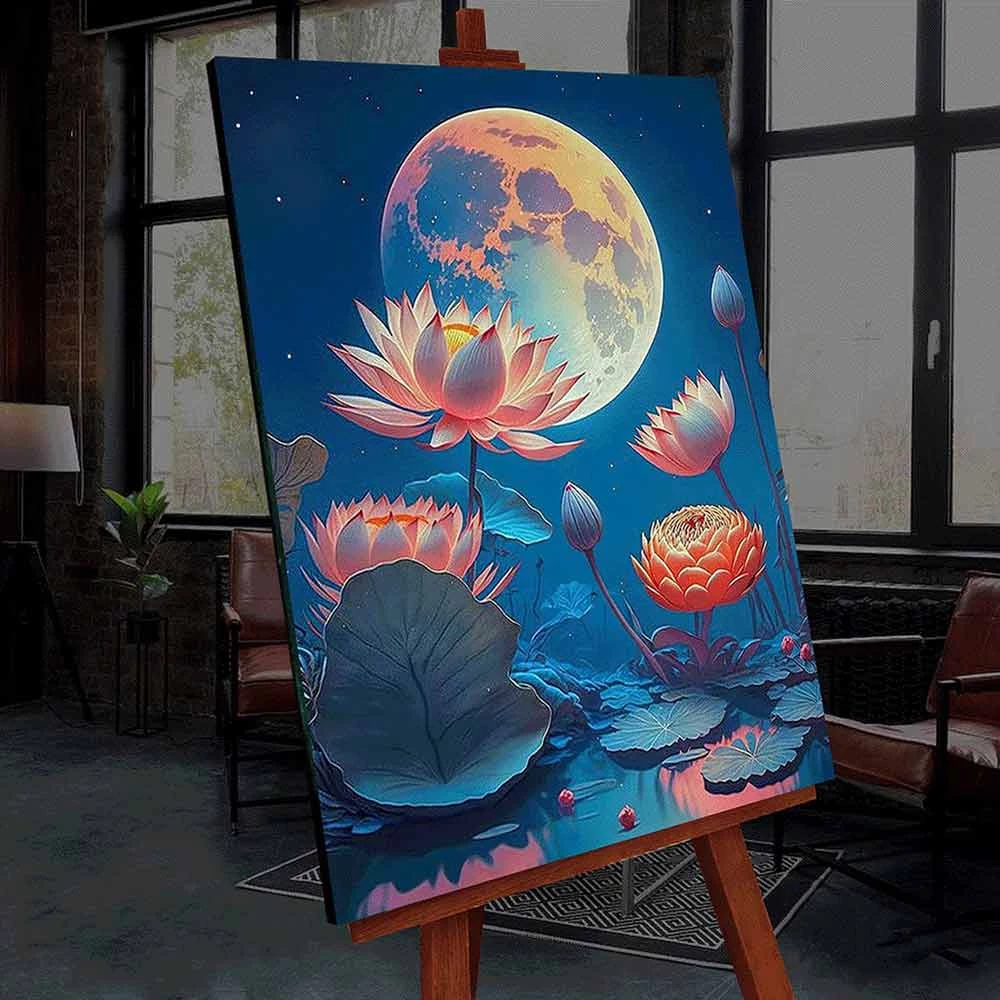 Numuru glezna ar spīdīgu krāsu Mēness lotoss, 40x50 cm