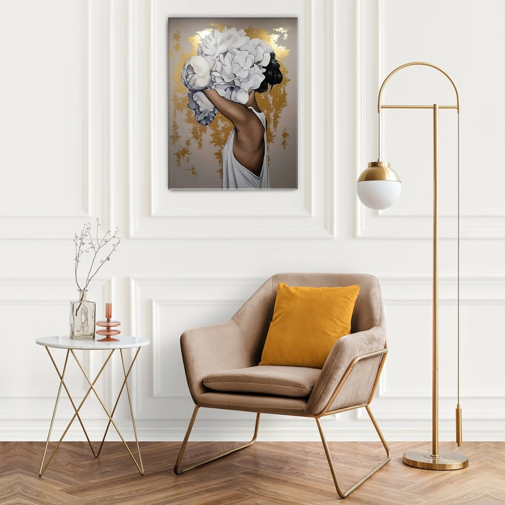 Glezna pēc numuriem ar zeltu 50 x 40 cm Meitene ar peonijām