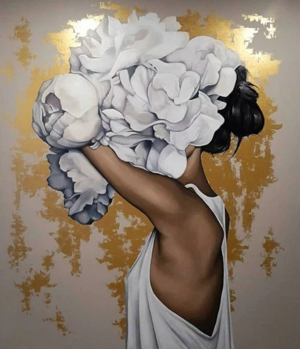 Glezna pēc numuriem ar zeltu 50 x 40 cm Meitene ar peonijām