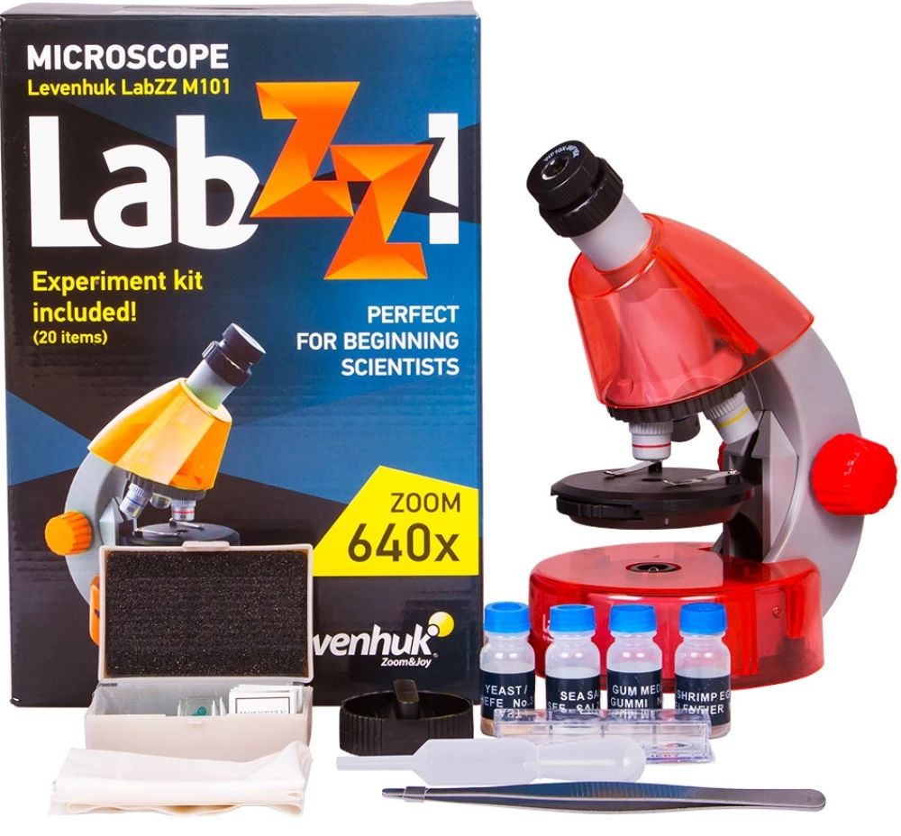 Bērnu mikroskops Levenhuk LabZZ M101 Orange, 40x-640x, ar eksperimentu komplektu