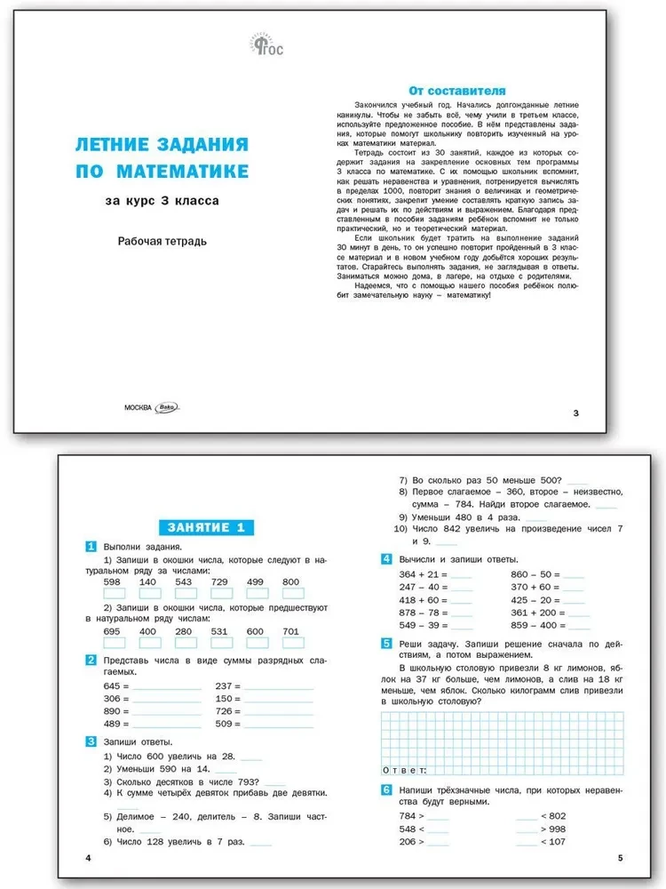 Vasaras uzdevumi matemātikā. Darba burtnīca. 3. klases kursam
