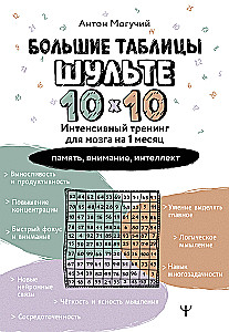 Lielās Šulces tabulas 10x10. Intensīva treniņa programma smadzenēm uz 1 mēnesi. Atzīmes: atmiņa, uzmanība, intelekts